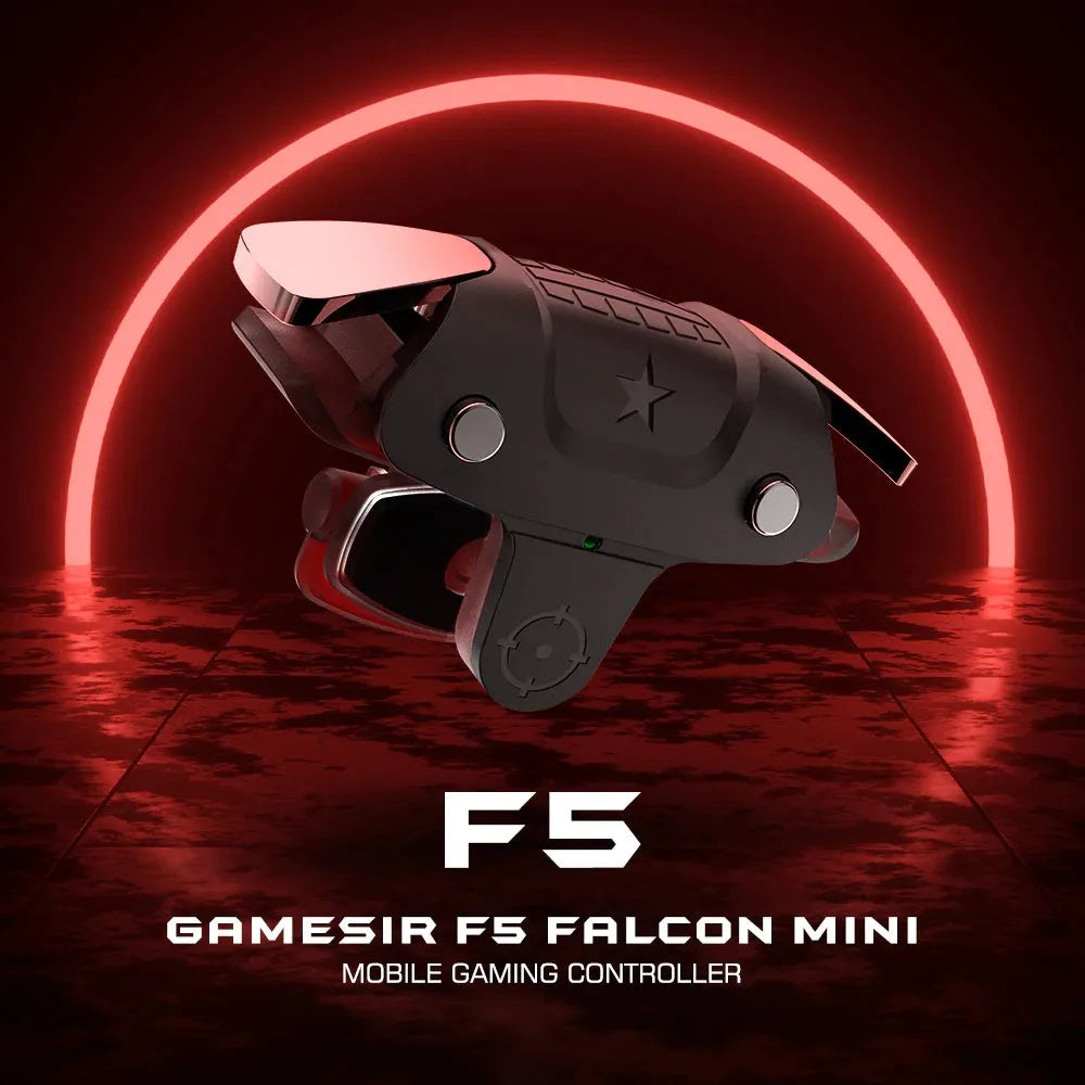 Black F5 wireless game controller for mobile phones, showing joystick and buttons.