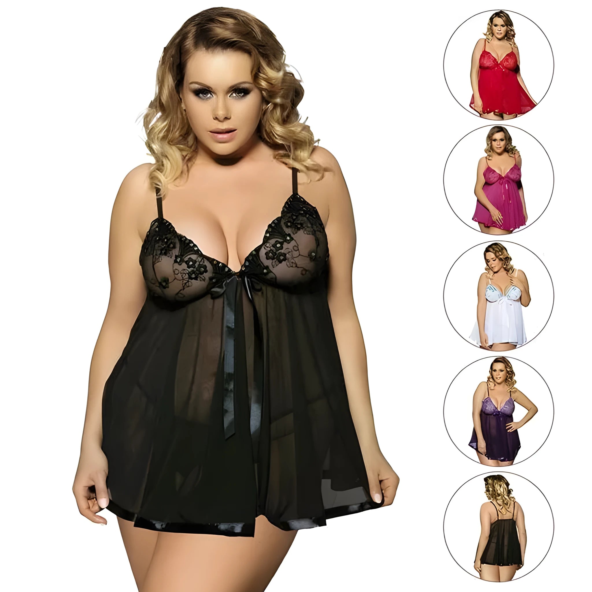 Plus-size black lace and mesh sling dress lingerie for sleepwear, shown on a hanger.