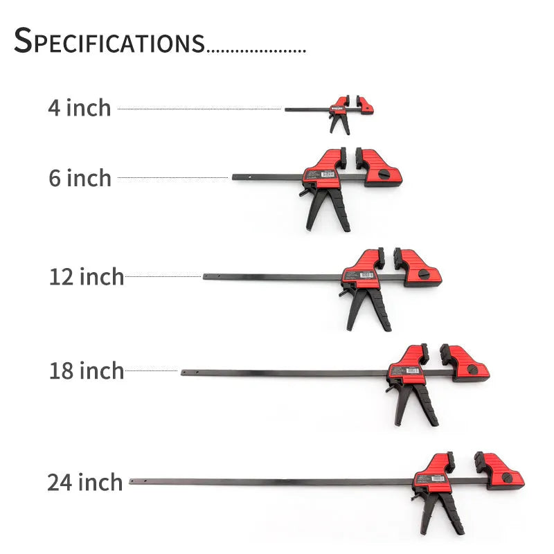 Black plastic woodworking clamp with quick-adjust key and soft rubber protective grip.