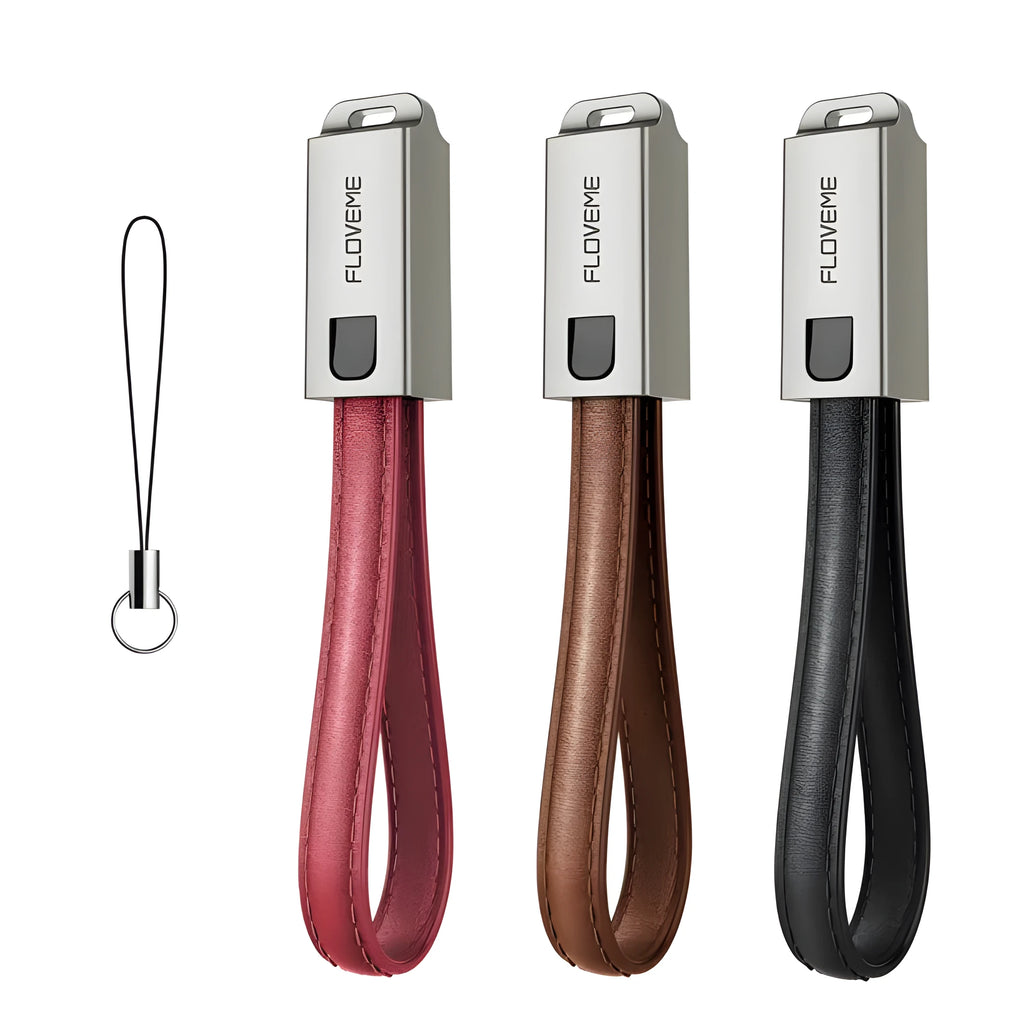 Short red leather braided USB-C to Apple Lightning charging cable on a white background