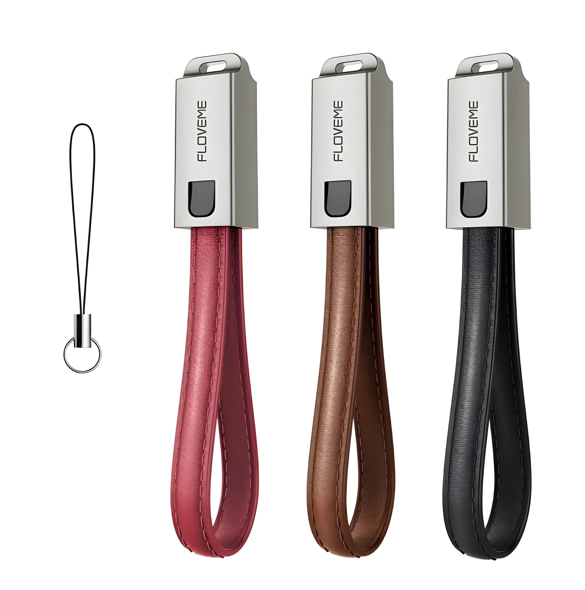 Short red leather braided USB-C to Apple Lightning charging cable on a white background