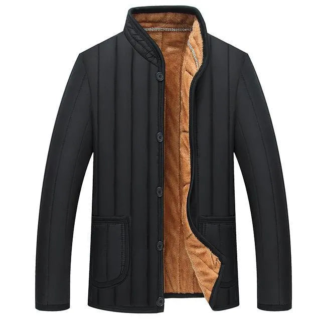 Winter men jacket in dark colour with full zip closure and stand collar, polyester fibre filled regular fit coat