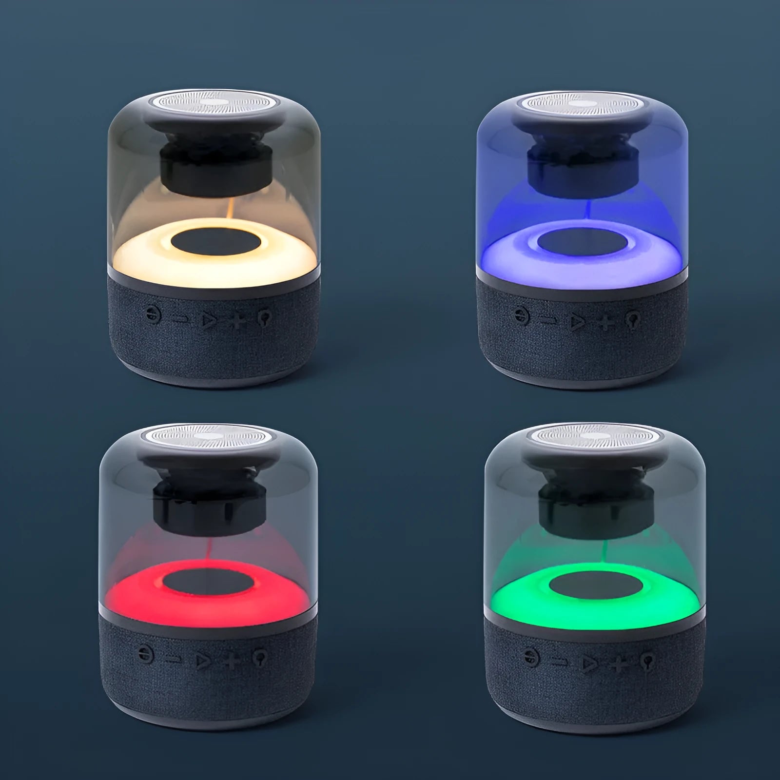 Black wireless Bluetooth speaker with touch controls, showcasing its compact design and 360-degree sound output.