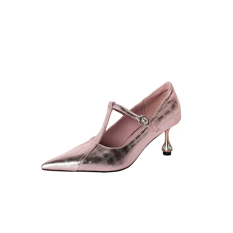 Women's gun colour genuine leather pumps with chunky heel and round toe box
