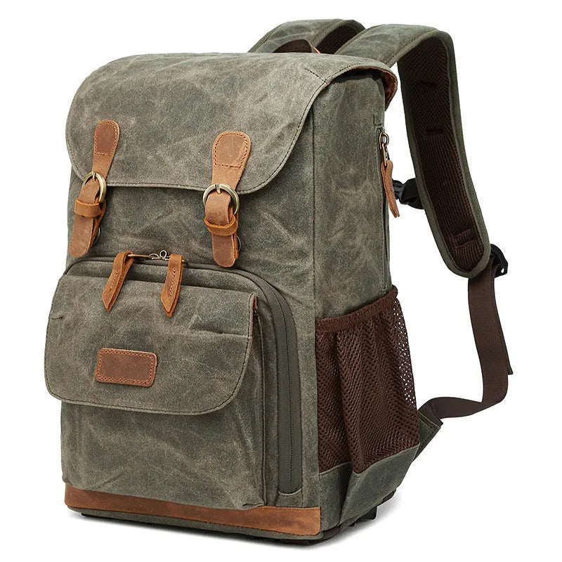 Grey black canvas backpack style DSLR camera bag with straps and zips