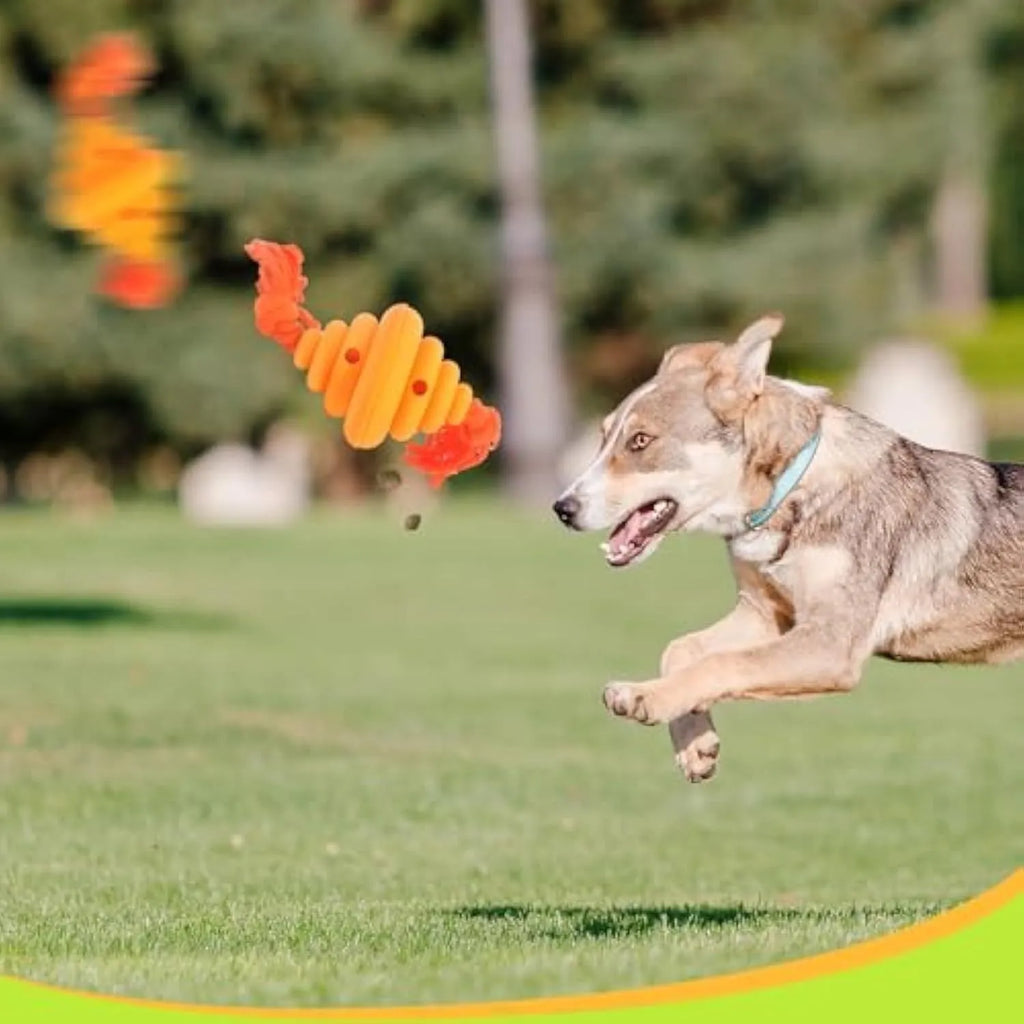 Green and yellow dog ball with rope toy showing split oval spiral design and integrated rope handle