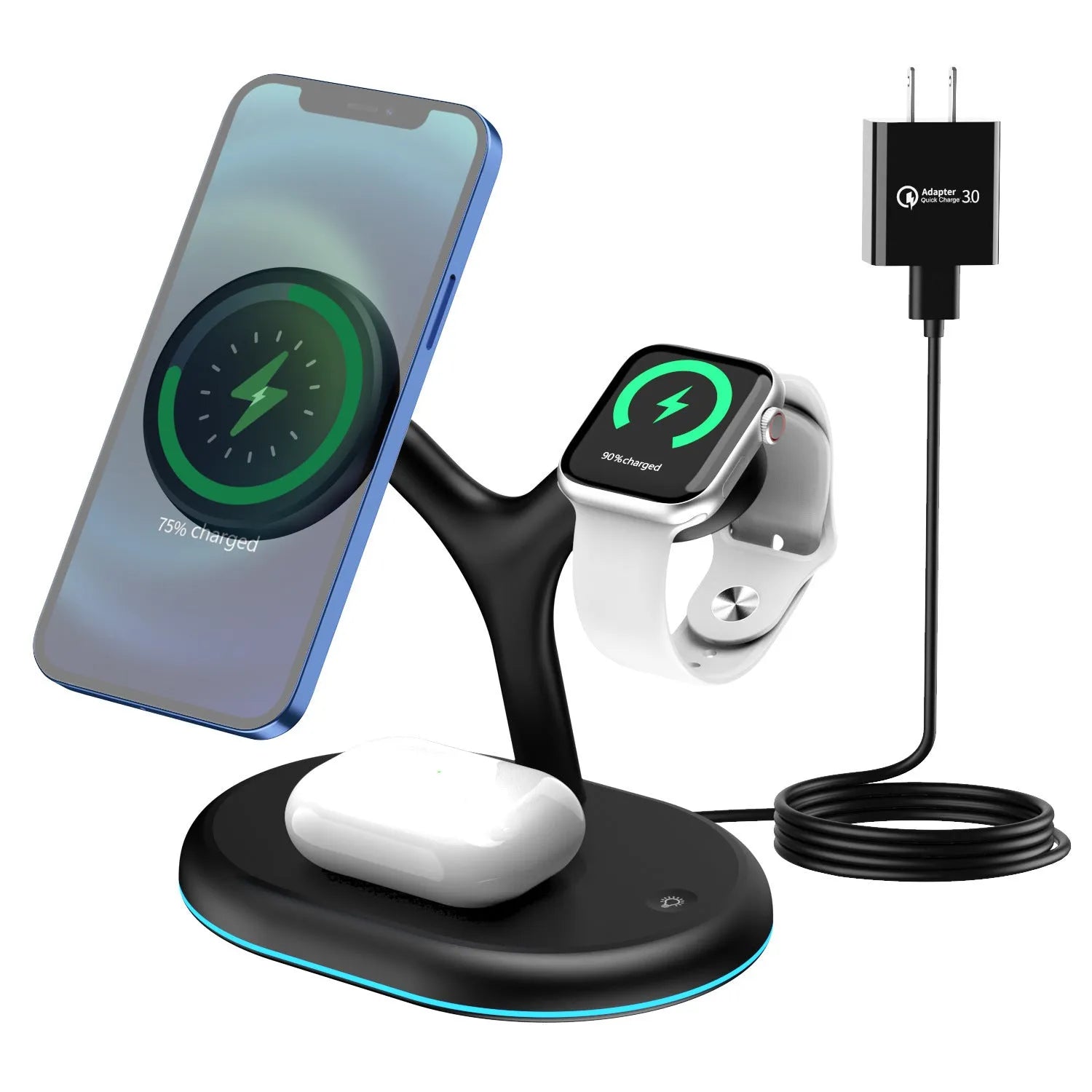 Black minimalist three-in-one magnetic wireless fast charging pad on a wooden desk.