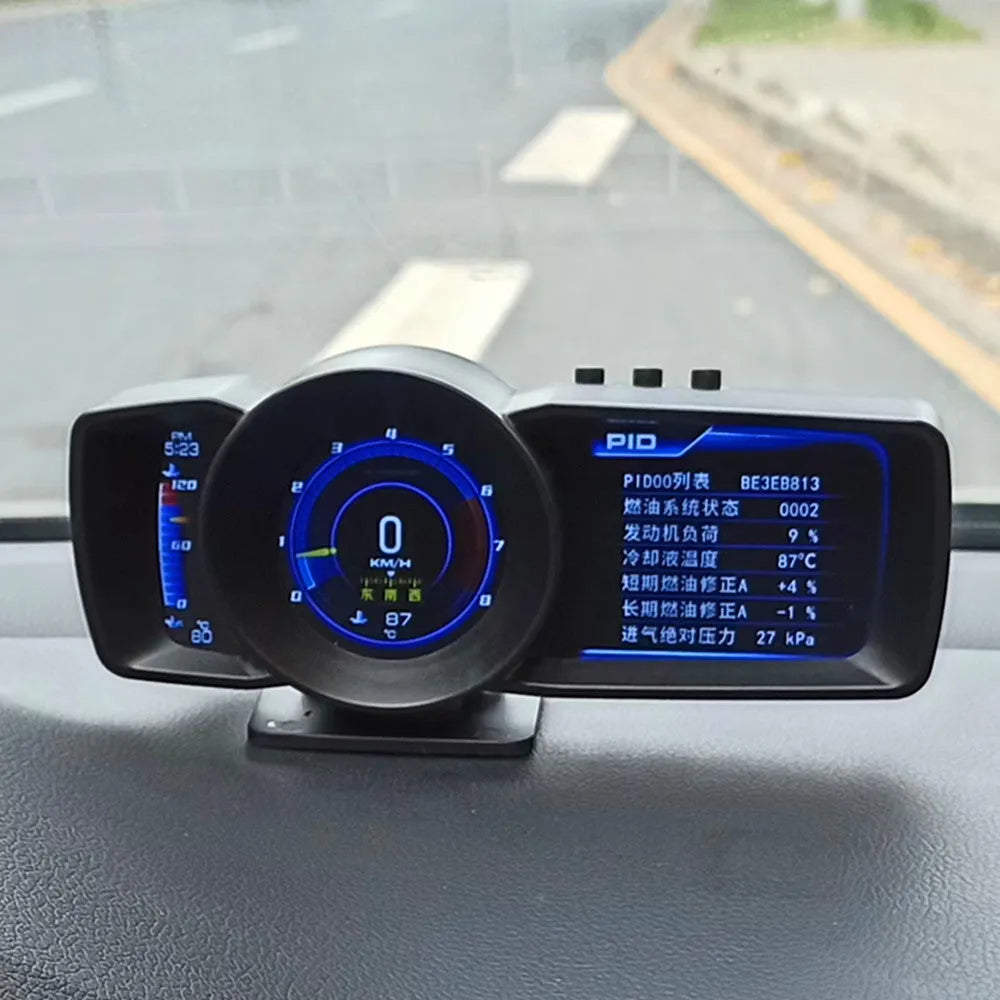 OBDII vehicle monitor with GPS Beidou navigation on car dashboard showing engine data and map display