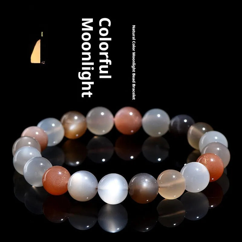 Natural moonstone bracelet with colourful moon light beads, 8mm single circle unisex design