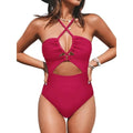 Women's solid colour backless one-piece swimsuit in polyester fabric.