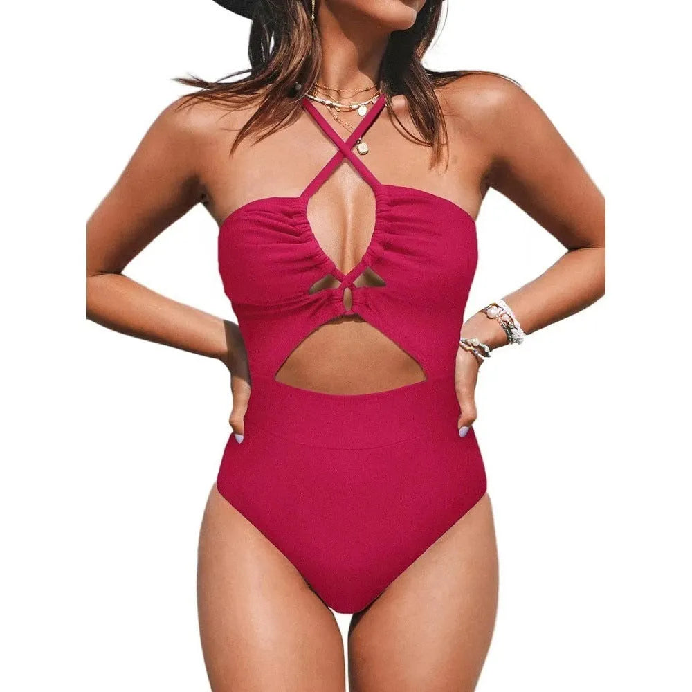 Women's solid colour backless one-piece swimsuit in polyester fabric.