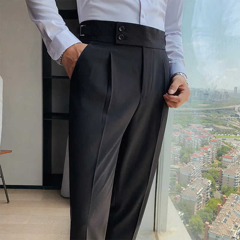 A pair of men's straight-leg casual trousers in a solid colour, laid flat to show the classic cut and polyester fabric.