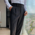 A pair of men's straight-leg casual trousers in a solid colour, laid flat to show the classic cut and polyester fabric.