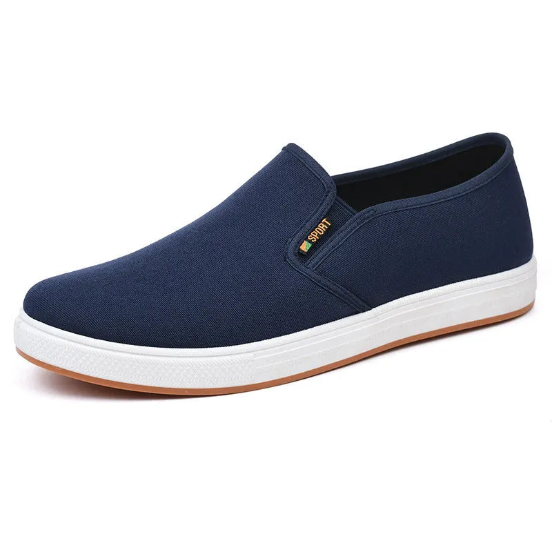 Men's low-top canvas slip-on shoes in black and blue colours showing round toe and composite sole