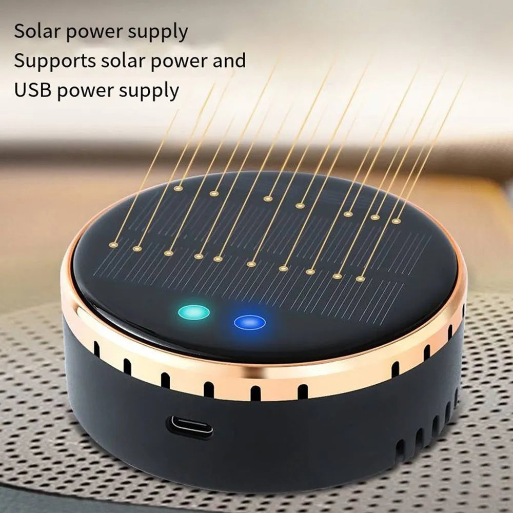 Black solar-powered car air humidifier mounted on vehicle air conditioning outlet