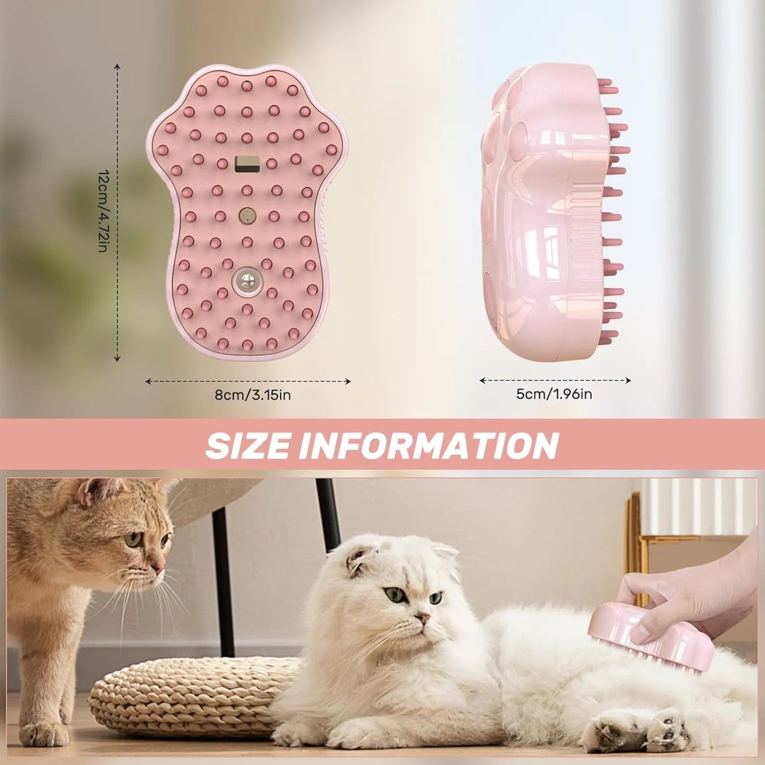 Blue self-cleaning cat steam brush with silicone massage head and water spray function.
