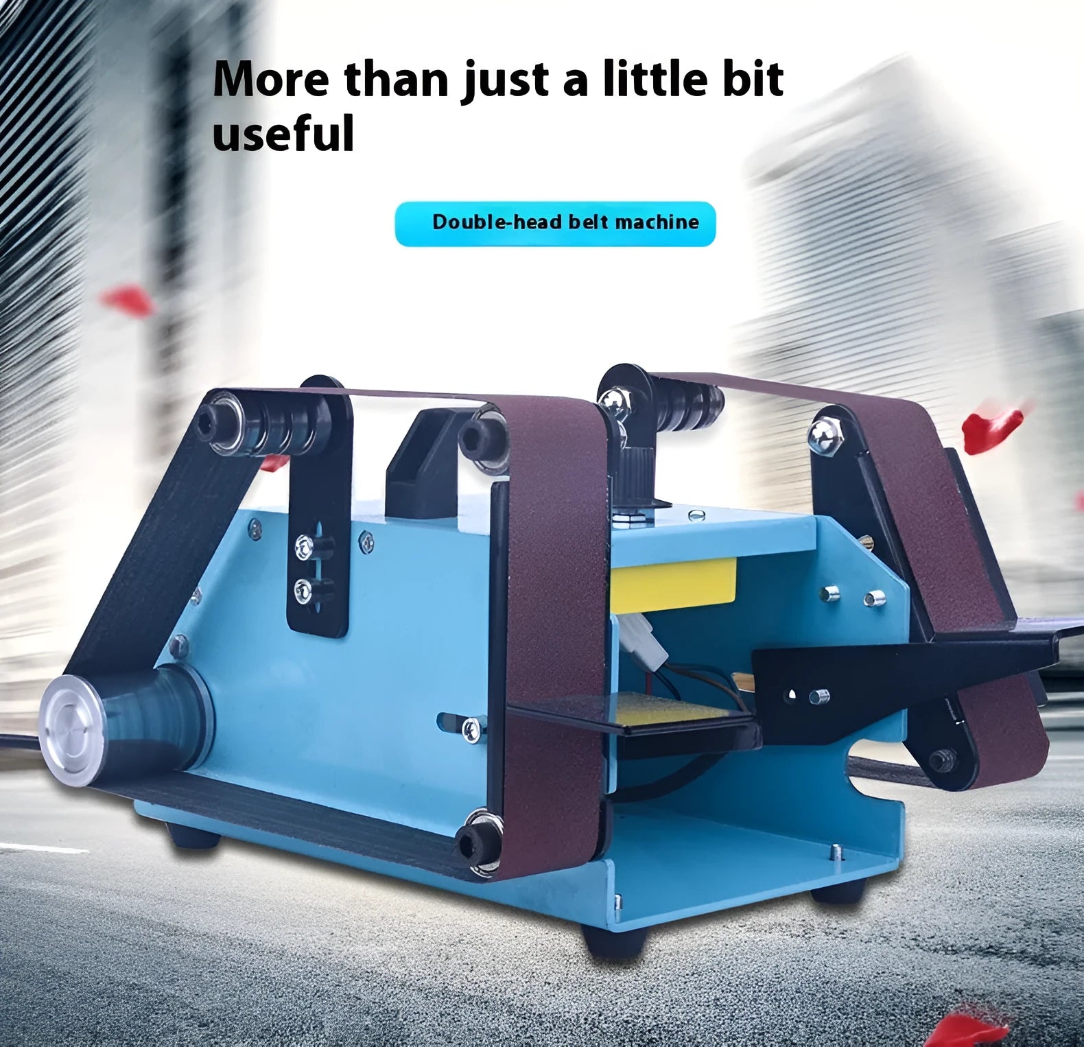 Blue desktop dual-axis belt sander with variable speed control and 40x680mm abrasive belt