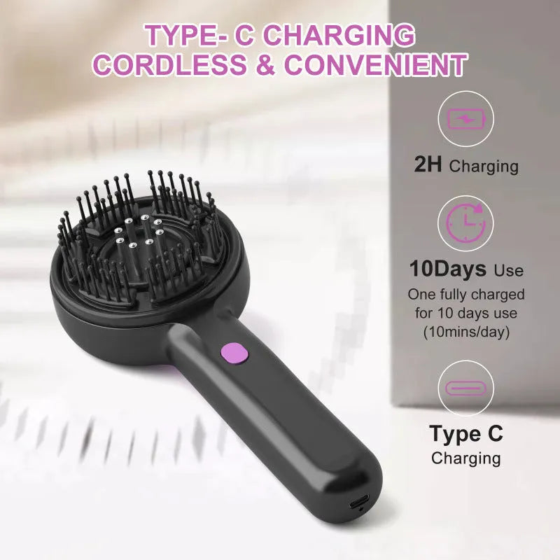 A grey, black, or red coloured USB-powered head massage comb with a comb design and a mechanical speed switch.