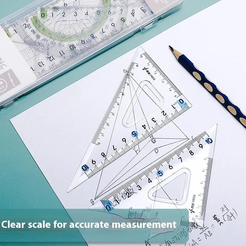 Youpai transparent acrylic drawing ruler set showing protractor and triangles on a blueprint.