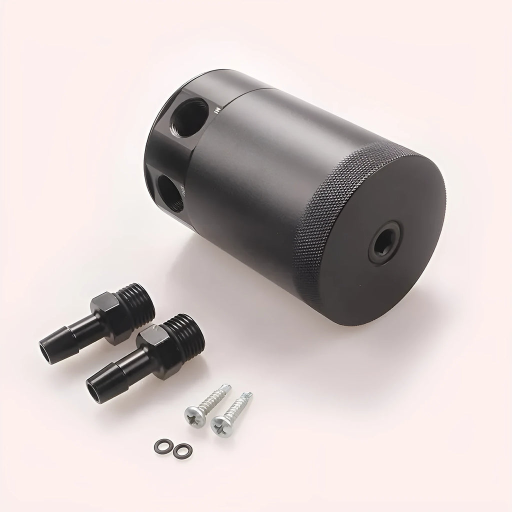 Black aluminium automotive oil pot with two-hole breather design and connectors