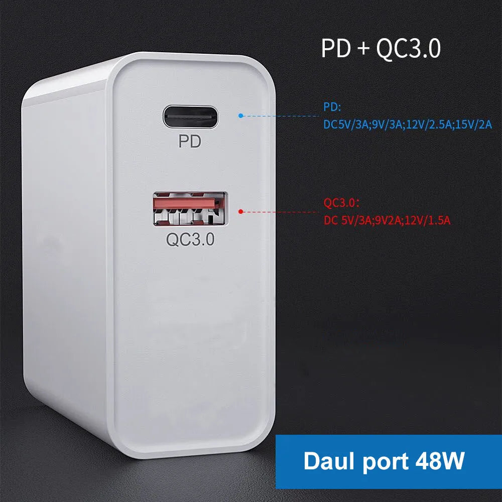 White or black fast charge charger with multiple USB ports and international plug options
