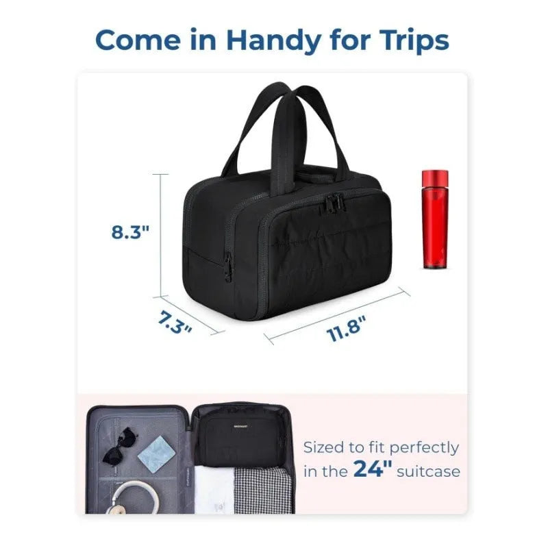Large travel toiletry bag with wide open design showing fluffy texture in available colour options