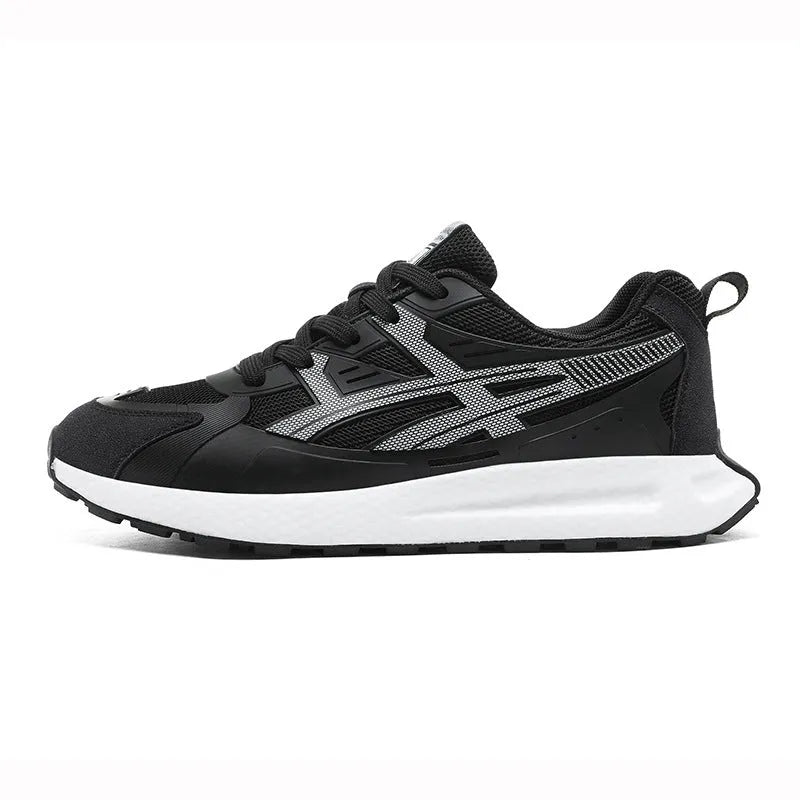 Casual popcorn sole sneaker with breathable KPU mesh upper, non-slip, in white, black, and light gray, sizes 39-46
