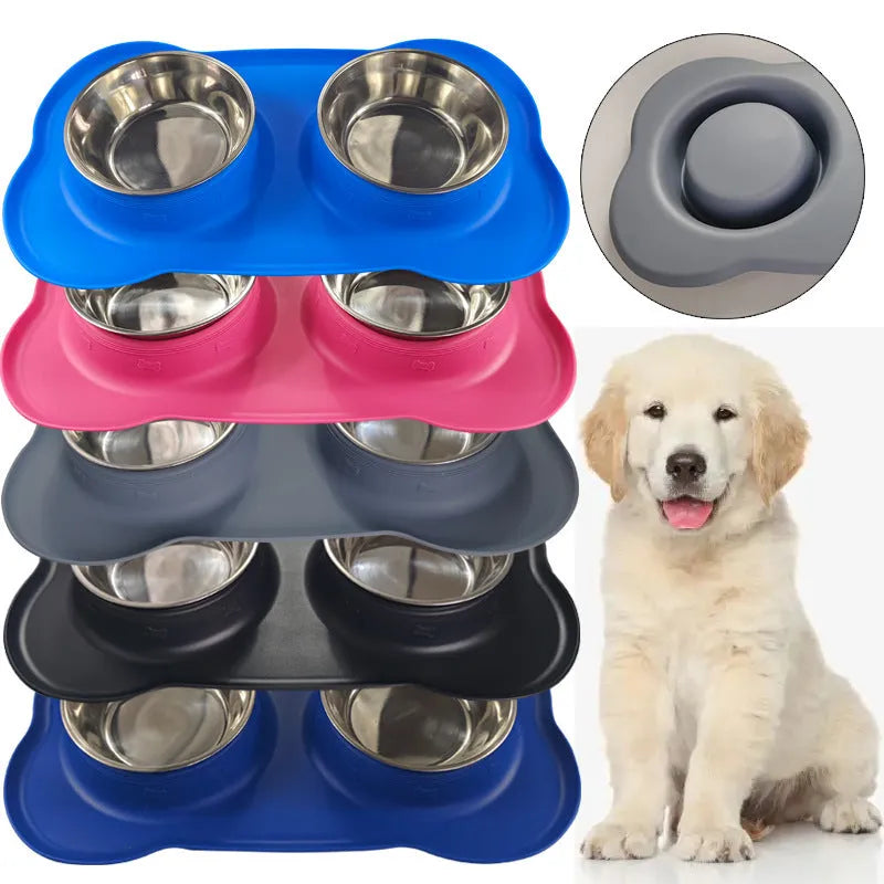 Large silicone double dog bowl with stainless steel inserts in raised feeding design