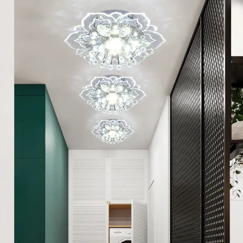 Modern crystal ceiling lamp with flower-shaped shade and LED lighting