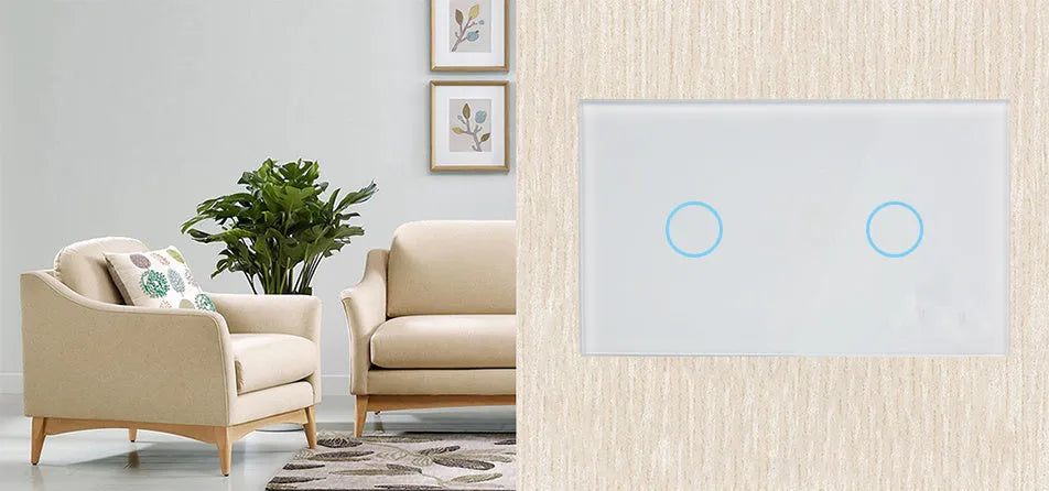 White two-gang touch light switch with tempered glass panel and blue LED indicator