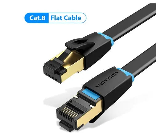 A shielded CAT8 Ethernet network cable with RJ45 connectors, shown in both flat and round style options.