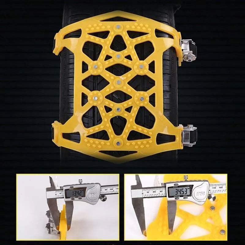 Three yellow snow tyre chains made of TPU and stainless steel, designed for car tyres 165mm to 265mm width, winter driving