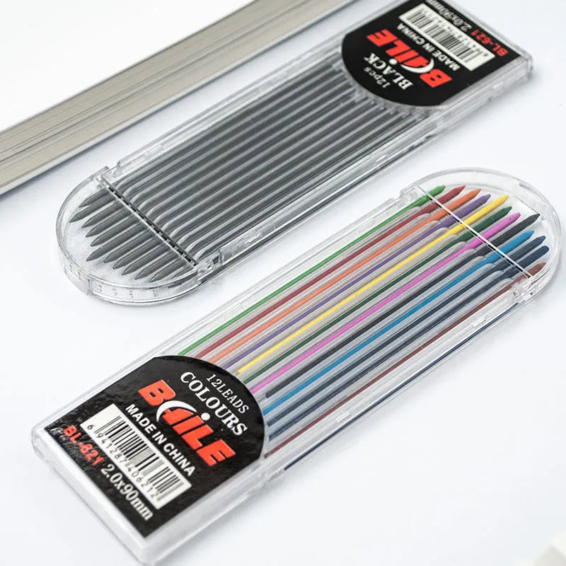 12-pack of 2.0mm automatic lead refills in black and multicolour, PP material, for student drawing and writing