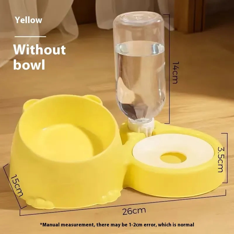 Double bowl automatic drinking pet feeder for cats with stainless steel ceramic reservoir and plastic base in assorted colours.