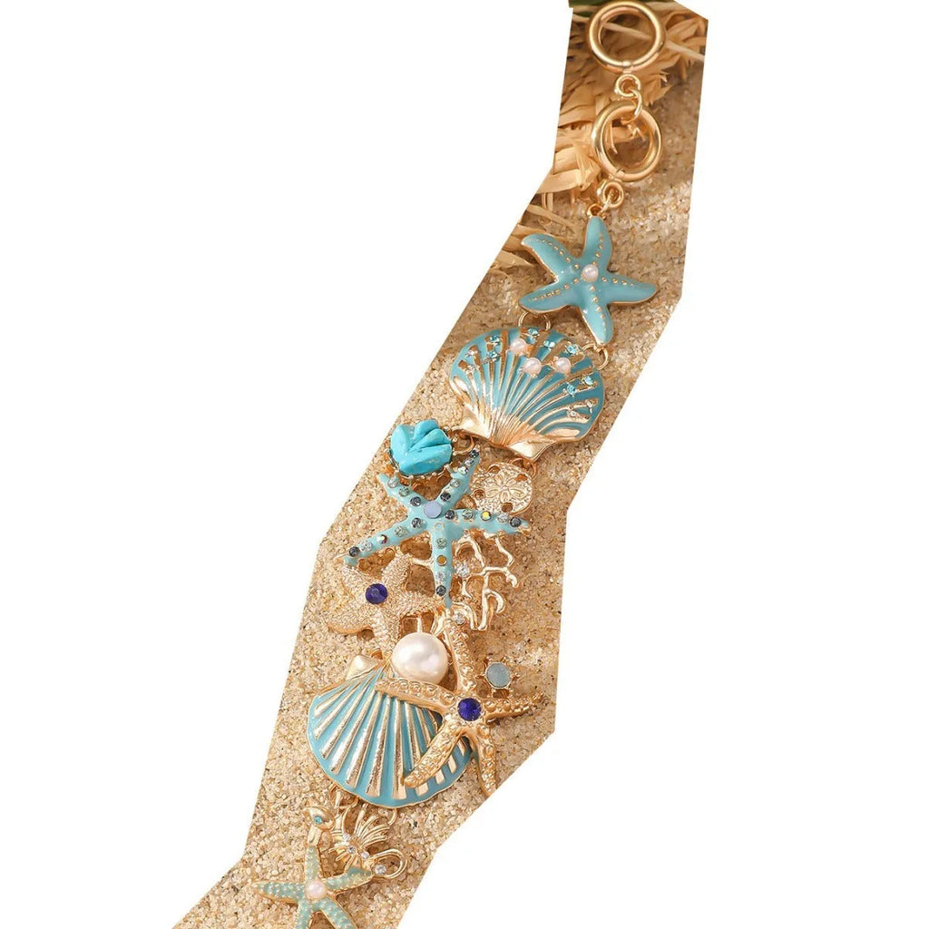 Women's alloy rhinestone marine bracelet with boat anchor and shell design in coastal colours