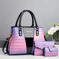 Women's blue crocodile-stitch PU leather three-piece shoulder bag set showing main bag and two smaller bags.