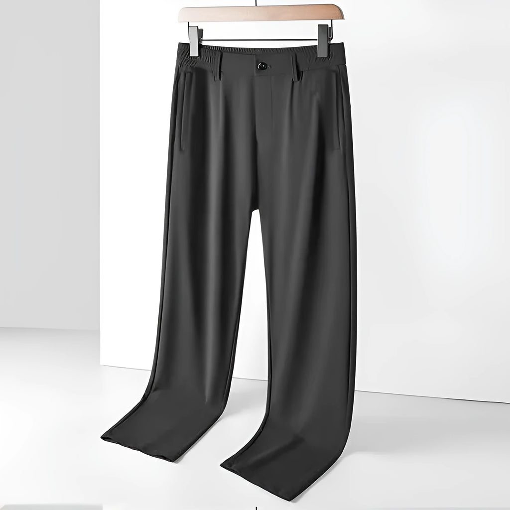 Men's solid colour Ice Silk loose-fit straight-leg trousers in black, dark blue, and light grey.