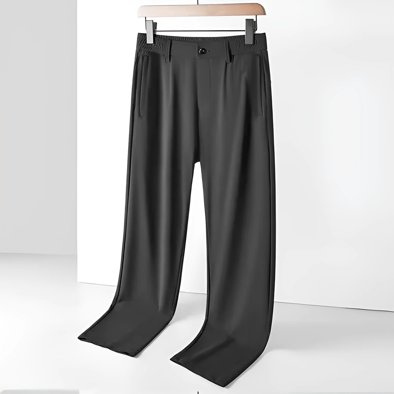 Men's solid colour Ice Silk loose-fit straight-leg trousers in black, dark blue, and light grey.
