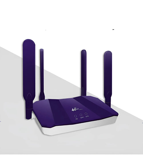 Blue dual mode 4G and wired router with four extended antennas showing front panel indicators
