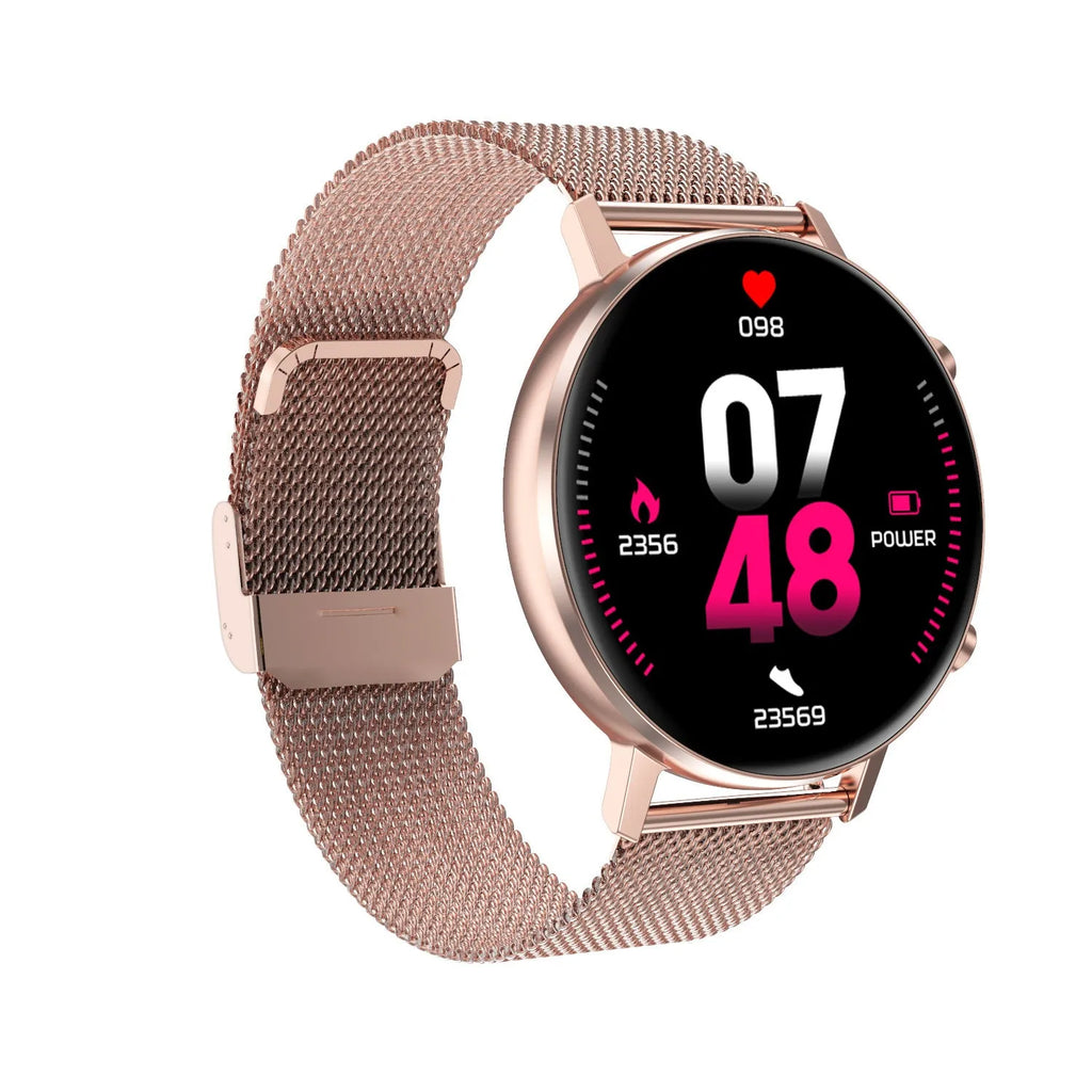 DT96 smart bracelet with stainless steel strap and 1.3 inch rectangular screen showing black, rose gold, and silver colour options