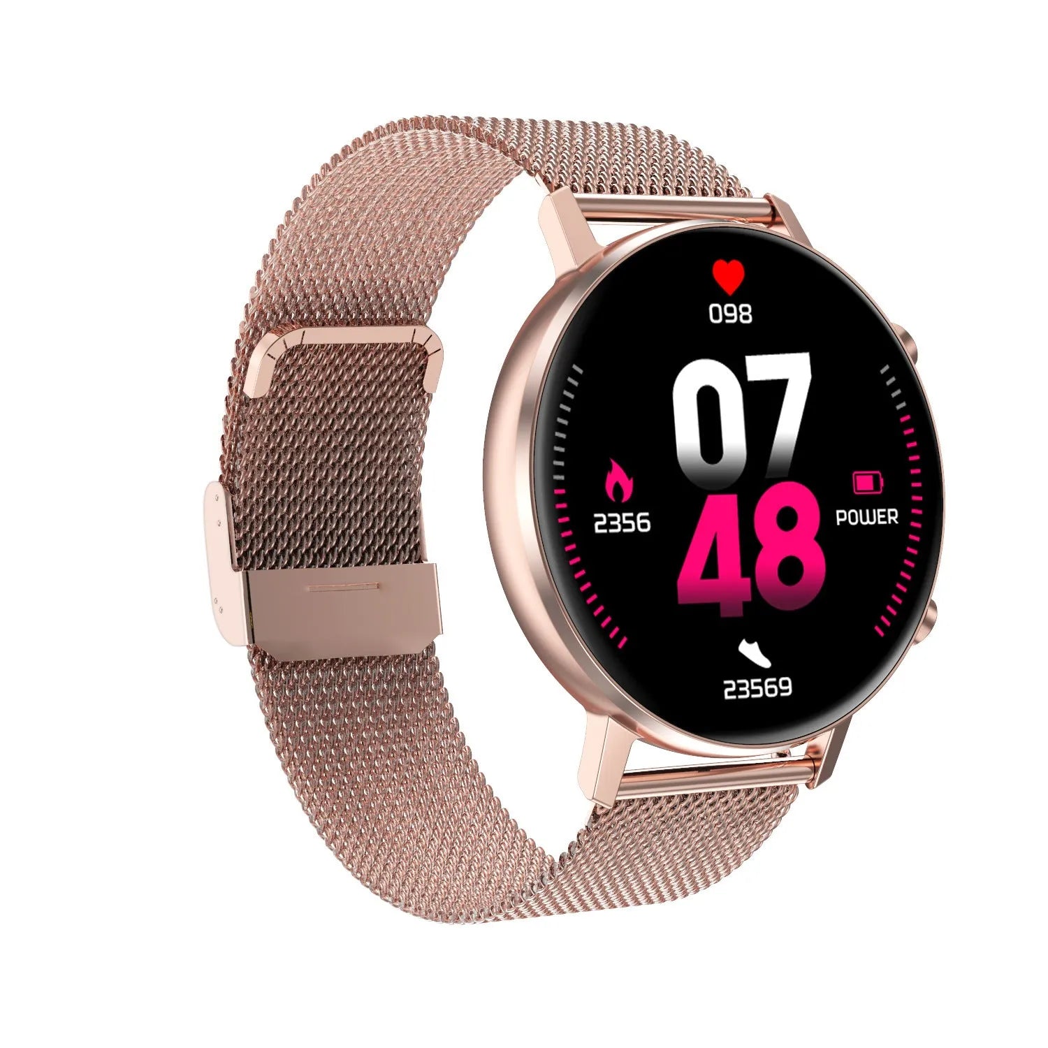 DT96 smart bracelet with stainless steel strap and 1.3 inch rectangular screen showing black, rose gold, and silver colour options