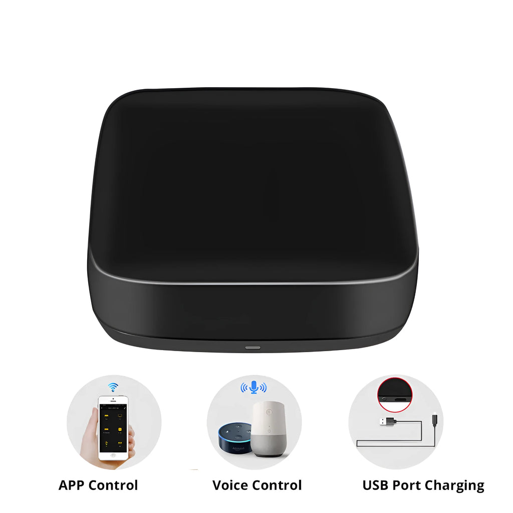 Black universal infrared remote control with voice control and WiFi connectivity features