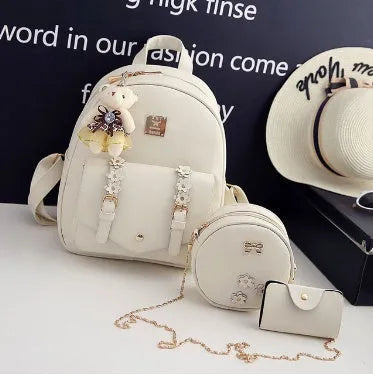 Women's three-piece floral pattern leather bag set with backpack, shoulder bag and card holder