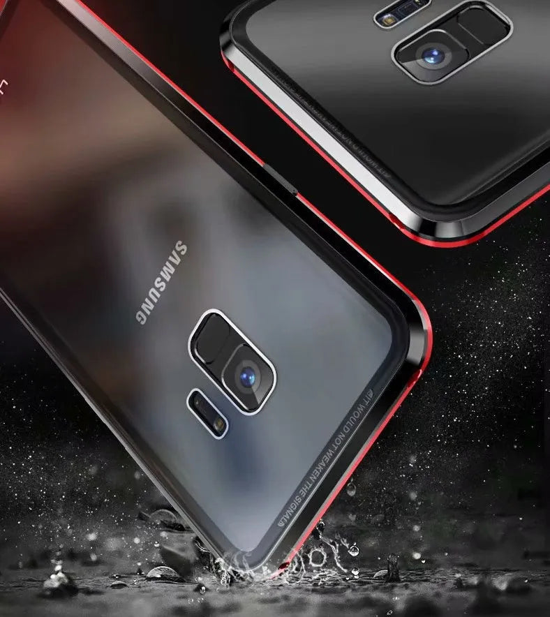 Black magnetic clamshell phone case with privacy screen for Samsung Galaxy phone.