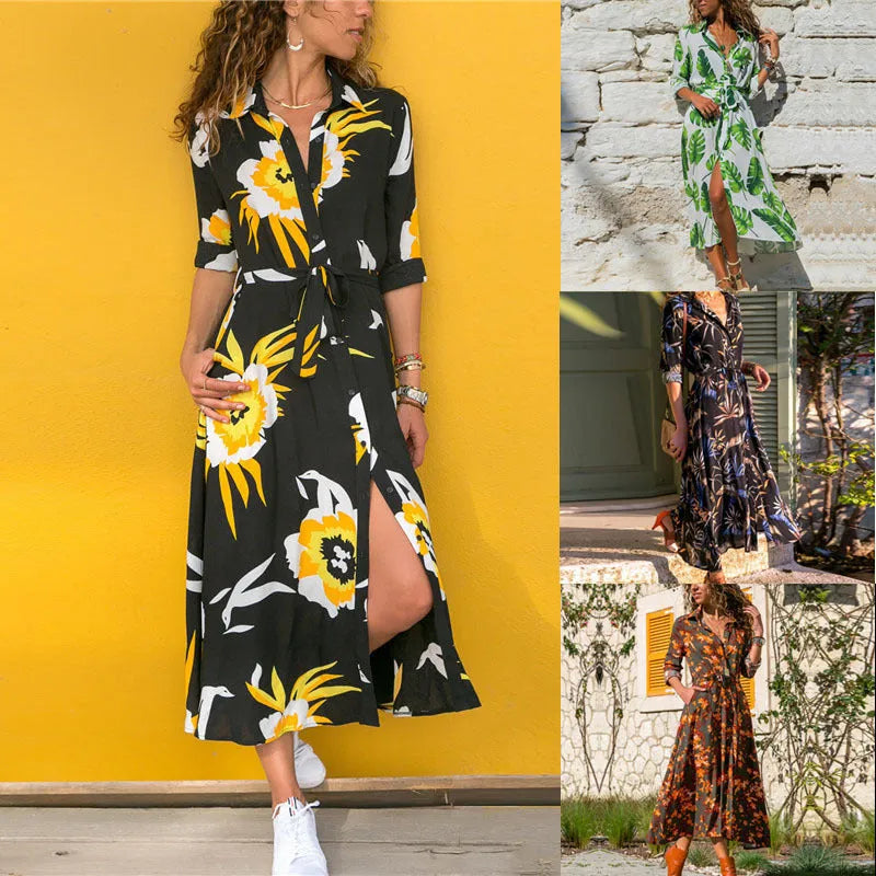 Vintage-style women's chiffon dress with V-neck collar and high waist A-line skirt