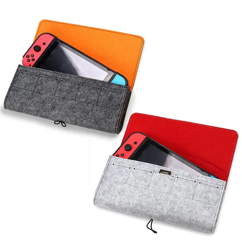 Black felt storage pouch for Nintendo Switch console with game card slots open