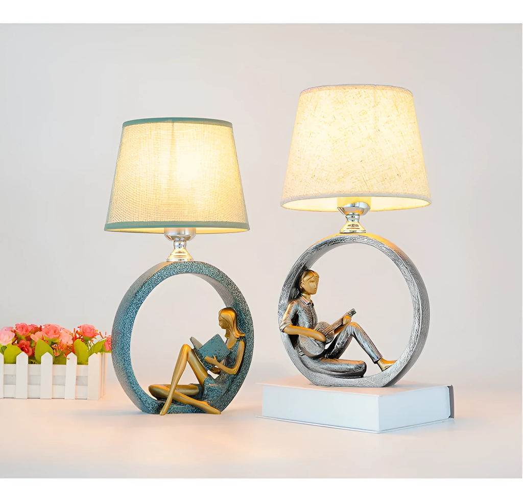 Blue cloth lampshade reading table lamp on desk with resin base, 20x39.8cm, E27 socket