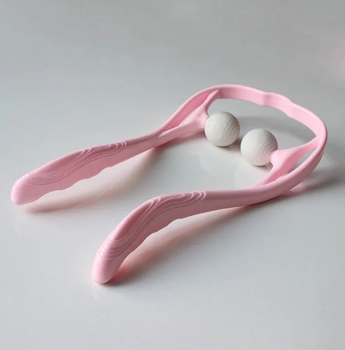 Plastic hand roller neck massager with 3D floating points in pink, blue, and green colour options.