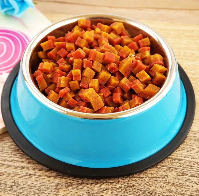 Stainless steel pet bowl with colourful melamine base in non-slip design