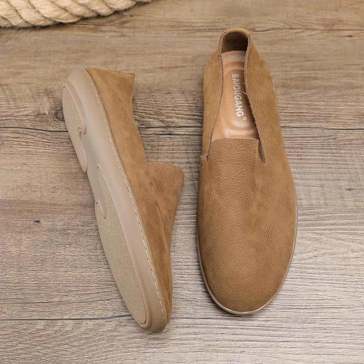 Handmade men's casual shoes in cowhide leather with wedge heel, shown in khaki colour